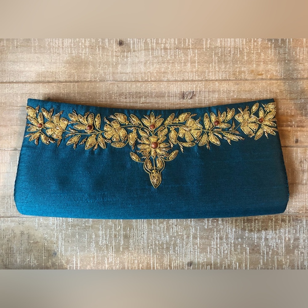 Elegant Teal Gold Embroidered Women's Clutch